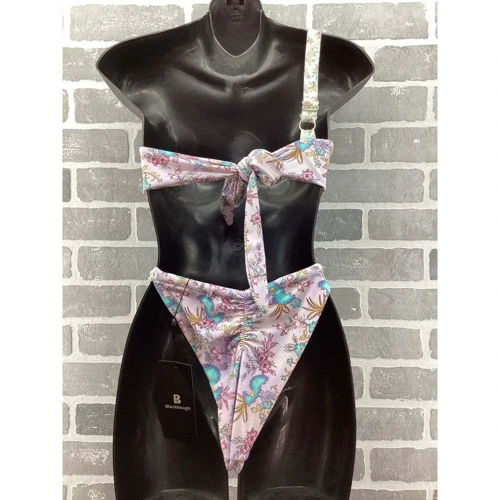Blackbough Swim 3 Piece Bikini Set Lilac Floral One Shoulder Top Bottom Sarong